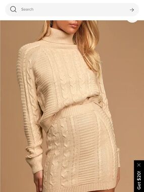 Lulu's Cream Cable Knit Turtleneck Sweater and Skirt.